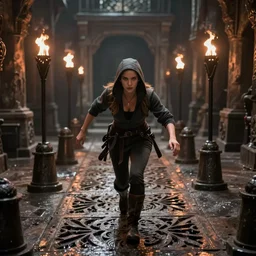 kate beckinsale as dnd thief sneaking forward through gauntlet full of death traps, full body in 3/4 frame, carved floor, torch above, old wet dungeon, fantasy digital art, 4k