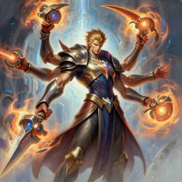a ultradetailed painting of yidrismaelstromwielder by karl kosinski magic the gathering art, sci fi, 4 arms with weapon being blast by energy, futurism, mtg octane rendering, sharp focus h 7 0 4