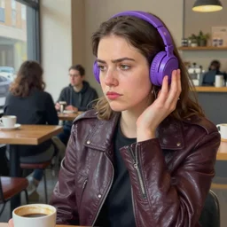 young adult woman in a coffee shop wearing bright purple headphones and a leather jacket looking unamused, natural light, oil painting
