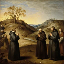 landscape with praying friars, painting in the style of pecori