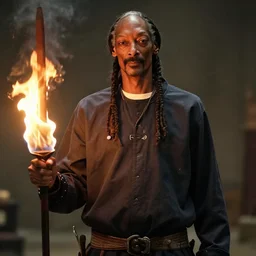 cinematic film still of Snoop Dogg starring as a Samurai holding fire, 2022, 40mm lens, shallow depth of field, film photography