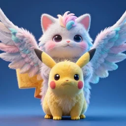 high quality 3 d render hyperrealist very cute multipastel fluffy! chimera! cat hybrid with detailed fluffy wings!!, vray smooth, in the style of detective pikachu, hannah yata charlie immer, dramatic blue light, low angle, uhd 8 k, sharp focus
