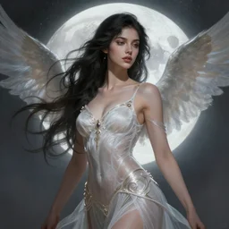 A beautiful digital painting of a sexy female Seraphim, princess, the moon behind her, intricate, cinematic lighting, highly detailed, digital painting, Artstation, concept art, smooth, sharp focus, illustration, art by Tom Bagshaw, Artgerm and Greg Rutkowski