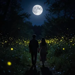 a couple walking in the middle of fireflies the color of the moon, cinematic lighting, wow, establishing shot