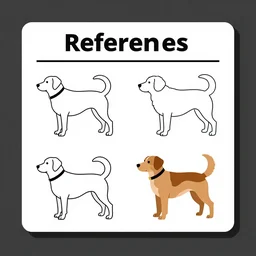 a reference sheet for a dog including a front and side view