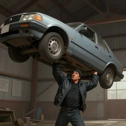 concept art of rocky balboa lifting a car, he is in a barn, he wears a winter jacket and a beanie, matte painting, art concept, unreal engine, by aenaluck, digital painting, artstation, concept art, smooth, sharp focus ilustration hq