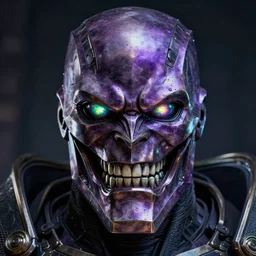 face of an armored villian, ultron, sauron, evil dark, mask, joker smile, iridescent eyes, purple and green highlights, metal, knight, teeth, terminator