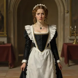 medium full view a medieval chambermaid of a noble house in her early thirties with a worried but driven expression, by Raymond Swanland Greg Rutkowski Lise Deharm, {perfect face}, {perfect eyes}, elegant regal posture