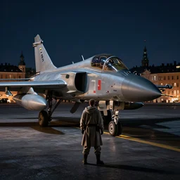 lone jedi looking down on Stockholm, night, SAAB 39 Gripen, trending on artstation, hd, wlop, octane render, HDRI, atmospheric