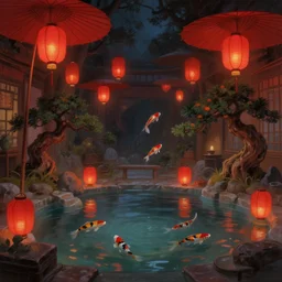 painting of interior of cozy fantasy onsen hot spring floating red lanterns and parasols by greg rutkowski craig mullins pixar bonsai trees [ koi fish swimming in the air ] clear focus fantasy dark atmospheric cinematic lighting, trending on artstation