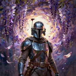mandalorian, floral explosion, radiant light, vortex of wisteria petals, oil painting, Tooth Wu, Greg Rutkowski, RPG portrait, dynamic lighting, fantasy art, High contrast, depth of field