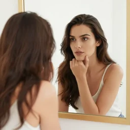 a beautiful woman looking at her reflection in the mirror