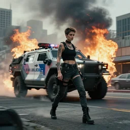 Candid extreme wide shot of a poor techwear mixed woman with short hair and tattoos outside of a futuristic Los Angeles on fire, police MRAP, cyberpunk, 4k, extreme long shot, desaturated, full shot, action shot, motion blur, sigma 85mm f/1.4, high resolution, 4k, 8k, hd, full color, award winning photography
