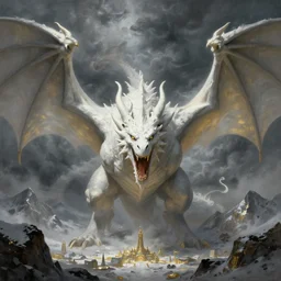 white dragon, open mouth, massive wings, wide angle, greg rutkowski, drark, marvel comics, dark, plutus su, chris scalf, lucas graciano, billy christian, symmetrical head, snowy mountains, small city, grey and gold color palette, painting, d & d, fantasy, artstation, cinematic, dramatic lighting, close up, storm clouds