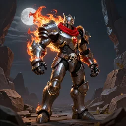 Biomechanical armored Knight with a red scarf made of fire billowing behind him and skull gauntlets standing in a rock quarry, moonlit night, segmented armor, full body single character, League of Legends Character Splash Art, rubber suit, Arcane style, action scene, fight scene, good value control, high quality, 4k, ultra realistic, highly detailed, illustration, promotional image, matte painting, rule of thirds, centered, cinematography