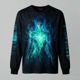 portrait of an ethereal long sleeve t shirt made of blue and green light, divine, cyberspace, mysterious, dark high-contrast concept art
