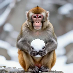 beatiful photograph of monkey sitting in the center of the image whilst holding a snowball in its arms