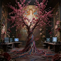 dark cherry blossom and wires, in a floral room full of neural networks and wires and computers, dark sci - fi, ai, 4 k realistic, art nouveau, alphonse mucha