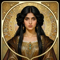 head-on symmetrical centered painted portrait, Indian woman D&D wizard, art nouveau, black hair, medieval robes, fantasy, intricate, elegant, highly detailed, smooth, sharp focus, illustration, artstation, in the style of Artgerm and Anna Podedworna and Alex Ross and Mucha