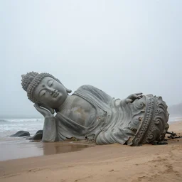 on a foggy morning, a huge broken buddha statue is stranded on the beach, by craig mullins