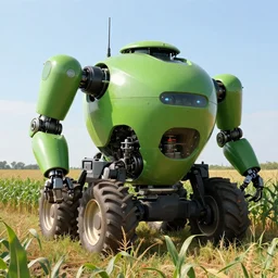 huge green farming robot with agricultural tractor in the corn field, sphere shape, robots, humanoid, farming, highly detailed digital painting, artstation, concept art, smooth, sharp focus, illustration, art by artgerm and greg rutkowski, unreal engine