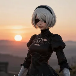 2B from NieR Automata looking at a sundown