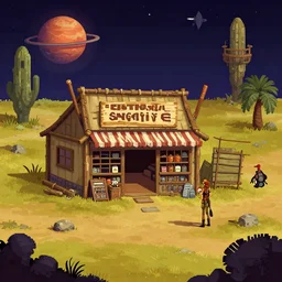 in front of a general store, in a remote outpost, on an alien planet, from a space themed point and click 2 d graphic adventure game, set design inspired slightly by hg giger and tomb raider, art inspired by sierra and lucasarts