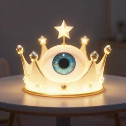a glowing crown sitting on a table with one large beautiful eye mounted on it like a jewel, stars on top of the crown, night time, vast cosmos, geometric light rays, bold black lines, flat colors, minimal psychedelic 1 9 6 0 s poster illustration