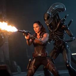 photograph of Gal Gadot as Ripley fighting the Xenomorph in Alien while holding a flamethrower