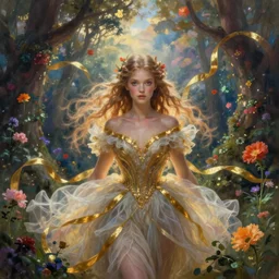 breathtaking soft painting of a fairy princess with golden ribbons in an enchanted forest, volatile gauze dress and vibrant flowers floating around in a tumultuous sky, detailed symmetrical facial features, hyper detailed, volumetric lighting, concept art, matte, sharp focus, art by celestialfang, matchach, dustin panzino