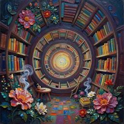 oil paint impasto relief of chromatic library, spiral, unreal engine, global illumination, flowers, smoke, detailed and intricate environment, mysterious, comfort, in the style of aetherpunk