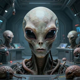 dead bodies of aliens brainsuckers inside the control room of ufo, cyberpunk, perfect face, fine details, studio lighting, subtle shadows, art by katsuya terada, photorealism, hyper realism, octane render, hyper detailed, canon eos r 3, f / 1. 4, iso 2 0 0, 1 / 1 6 0 s, medium shot, 8 k, raw, unedited, in - frame,