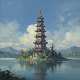 a painting of a tower in the middle of a lake, a detailed matte painting by tyler edlin, pixiv contest winner, fantasy art, concept art, trending on artstation hq