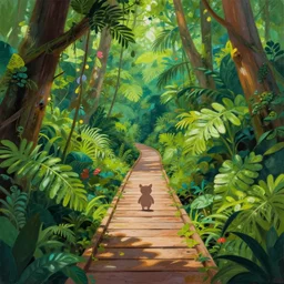 deep jungle walkway, cute, illustration, digital art, inspired by atey ghailan, sharp, gouache painting masterpiece, highly detailed, photorealistic, octane render, 8 k, unreal engine 5, trending on artstation, vivid colors -
