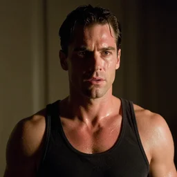 Leon Scott Kennedy as The American Psycho, sweating intensely, cinematic still