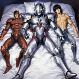 anime body of the armored casshern from casshan ultraman zero cyberman from doctor who cyborg gay hungarian - american - japanese human hybrid posed lying down over a silk bed sheet, portrait overwatch, painting by gaston bussiere, craig mullins, greg rutkowski, yoji shinkawa