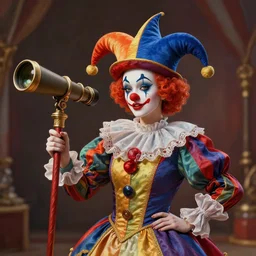 an anthropomorphic beautiful clown portrait holding a staff made of telescope wearing colourful dress in a circus, jester hat fine art, award winning, intricate, elegant, sharp focus, octane render, hyperrealistic, wizard hat cinematic lighting, 3 d render highly detailed, digital painting, 8 k concept art, art by jamie hewlett and z. w. gu, masterpiece, trending on artstation, 8 k