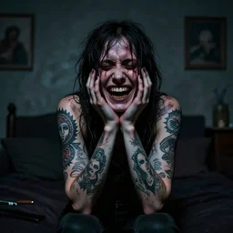 a dark mind in a nightmare is aware of betrayal sadness and despondency of a schizophrenic skin head laughs tattoo body in a hyper room 8K resolution