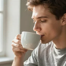 It's morning. Sunlight is pouring through the window bathing the face of a man enjoying a hot cup of coffee. A new day has dawned bringing with it new hopes and aspirations. Painting by Caravaggio, 1604