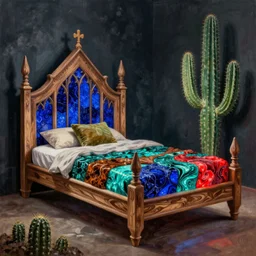 gothic luminescent wood bed with cacti. lapis lazuli, malachite, cinnabar, turquoise, earth brown. painting by karl blossfeldt