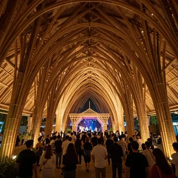 inside small pavilion made of bamboo. complex curved vaulting structure. a large crowd at a party. architectural photography. vray, 4 k, 8 k. volumetric lighting.