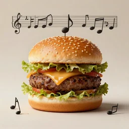 a hamburger made out of musical notes. Surrealist art studio photography