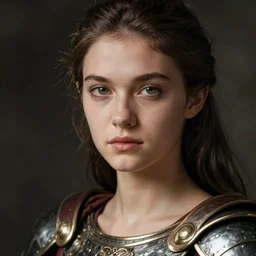 close - up portrait of beautiful young woman dressed gladiator with metallic armor, art by jock sturges