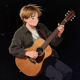 portrait of a wholesome animation key shot of kurt cobain playing an acoustic guitar while floating in space, highly detailed, digital painting, artstation, concept art, smooth, sharp focus, dramatic light, studio light, by rembrandt