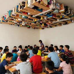 a room filled with kids piled up to the ceiling