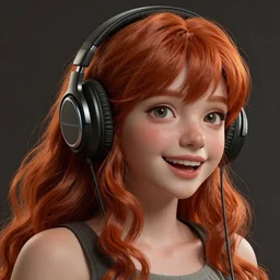 complicated dynamic composition,realistic anime style at CGSociety by WLOP,ilya kuvshinov,krenz cushart,Greg Rutkowski,trending on artstation. Zbrush sculpt colored,Octane render in Maya and Houdini VFX,realistic close-up face of cute young redhead girl, expressing joy, dress,headphones,silky hair, deep eyes.Amazing textured brush strokes.Cinematic dramatic atmosphere,sharp focus, soft volumetric studio lighting.