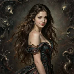 portrait of a young female wizard in flowing sensual dress, long fine flowing hair, delicate, looking at camera, slightly smiling, realistic face, stylish, elegant, grimdark fantasy, extremely detailed painting inspired by Gerald Brom and Ernst Haeckel , studio lighting