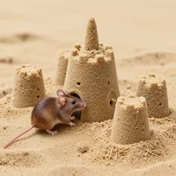 dslr photo still of a mouse inside a sand castle, 8 k, 8 5 mm f 1. 4