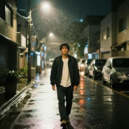 Kson Souichou walking down the street at night, raining, street lights shining