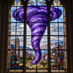 An entire cathedral stained glass depicting a Purple tornado